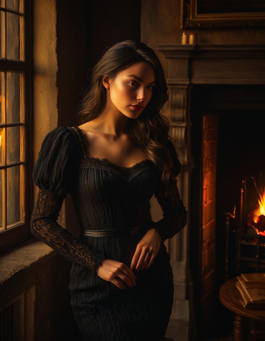 Chiaroscuro Oil Painting of Woman by Fireplace