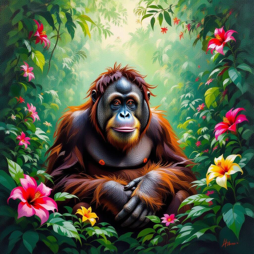 Orangutan in Rainforest: Surreal Impasto Oil Painting
