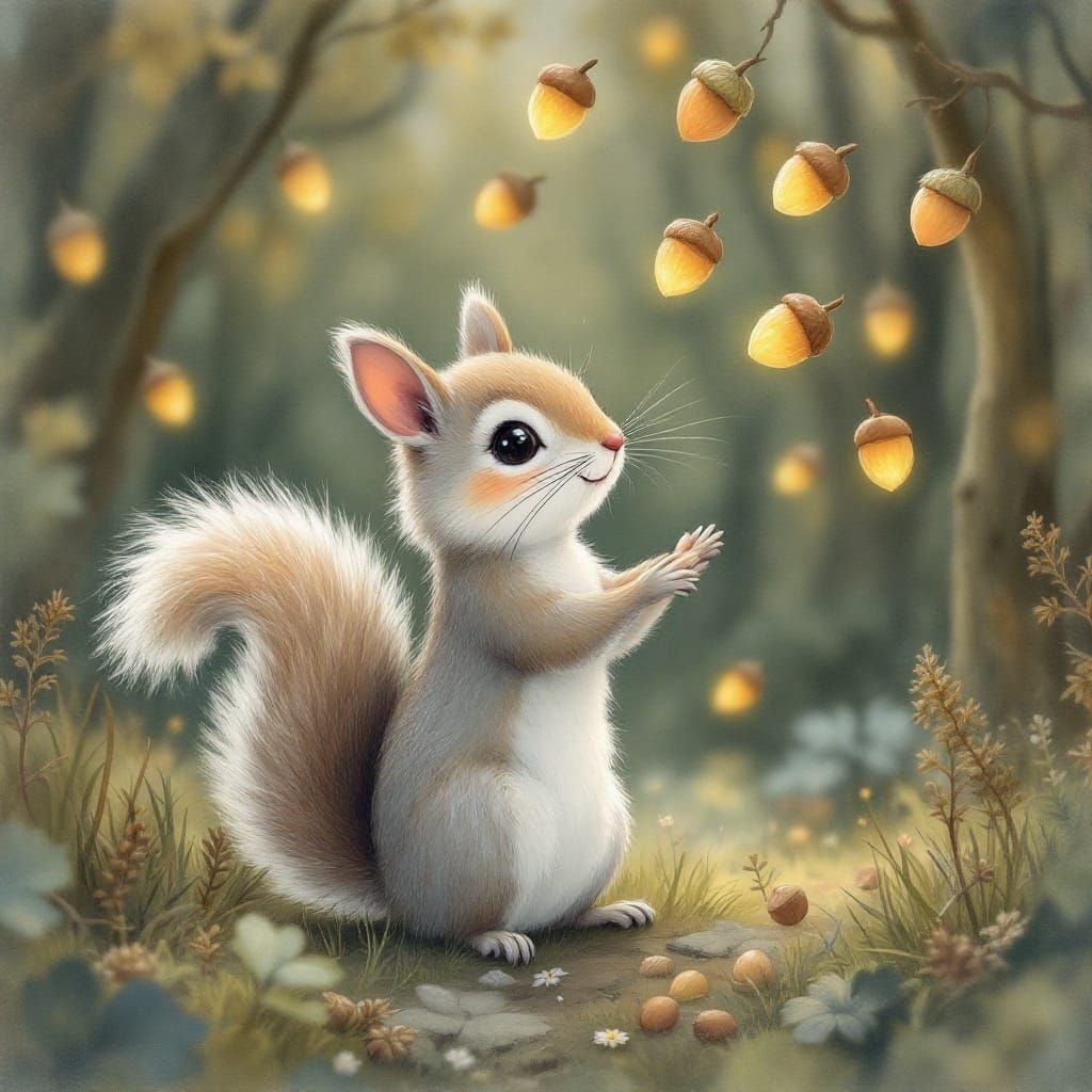 Whimsical Squirrel Juggling Glowing Acorns in Enchanted Fore...