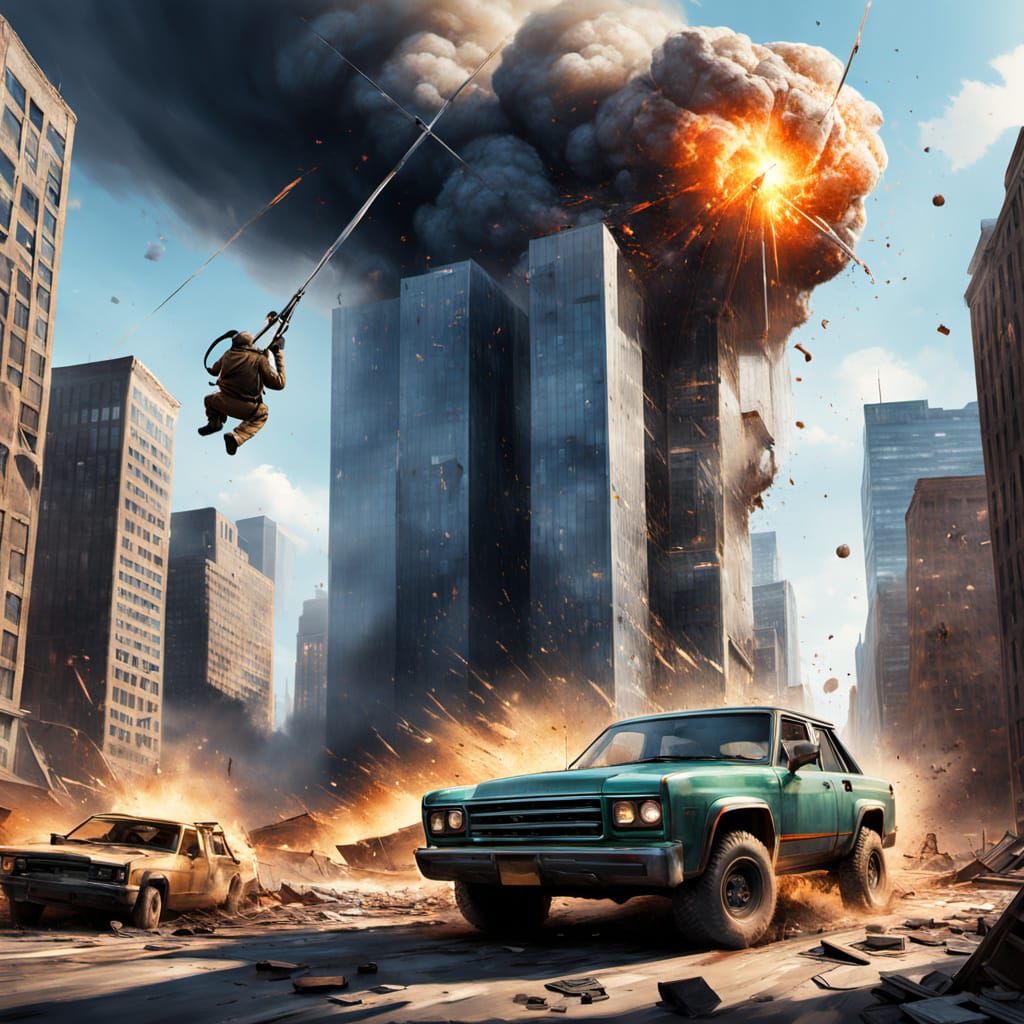 Trump Wrecks Skyscraper in a Vibrant Impressionist Scene