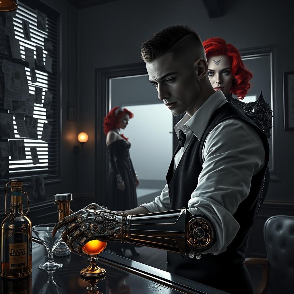 Futuristic Noir Bartender in Steampunk Style, Digital Art