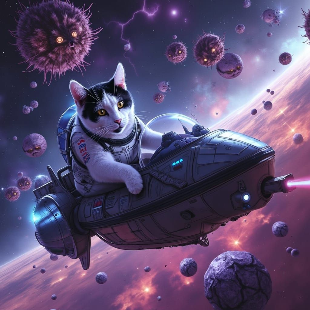 Cat in Retro-Futuristic Spaceship Ride Through Alien Nebula