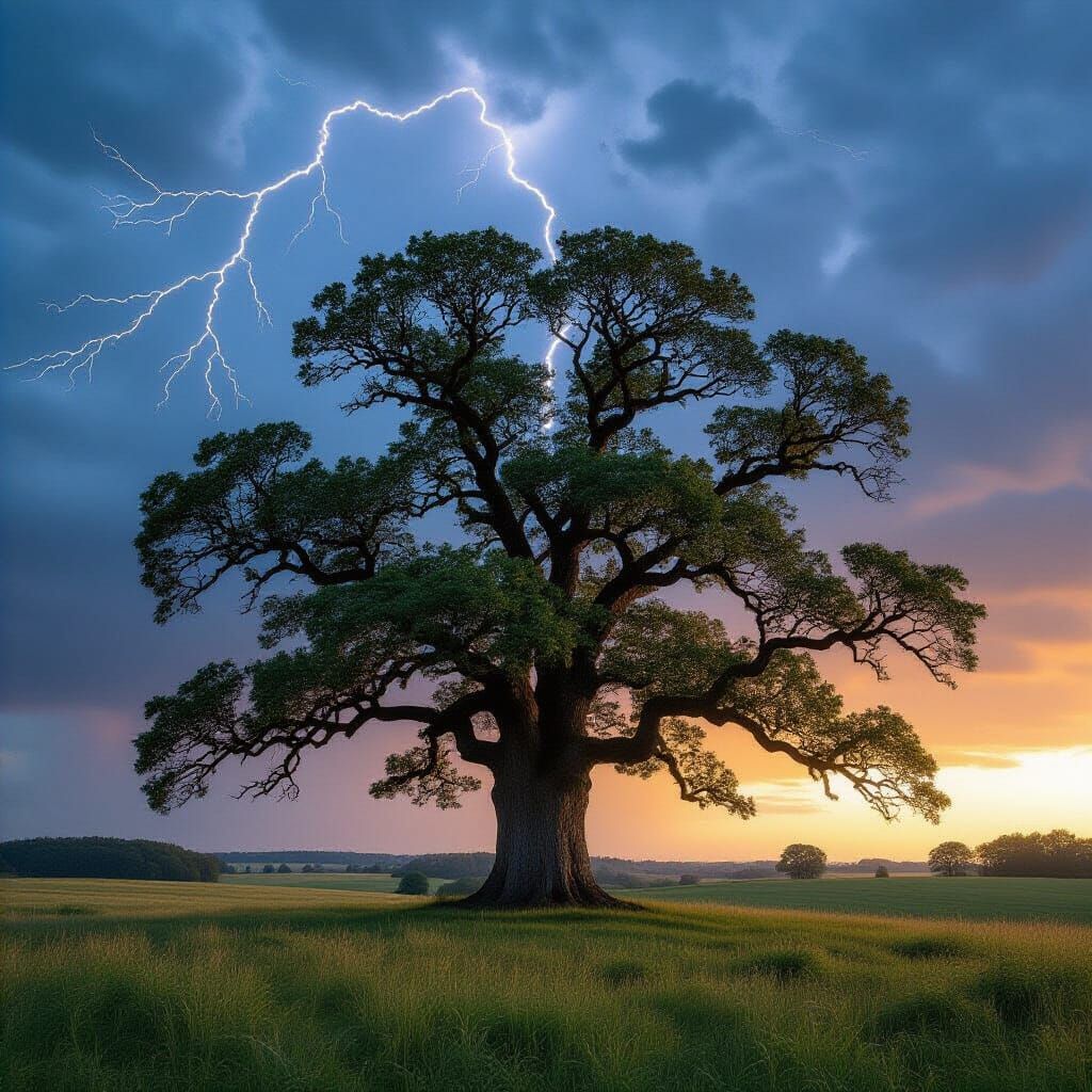 Majestic Oak Tree Struck by Lightning