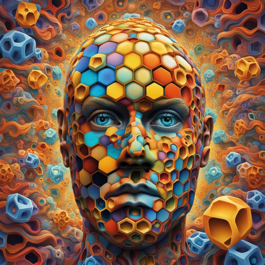 Surreal Honeycomb Head with Floating Eyes in Fractal Art