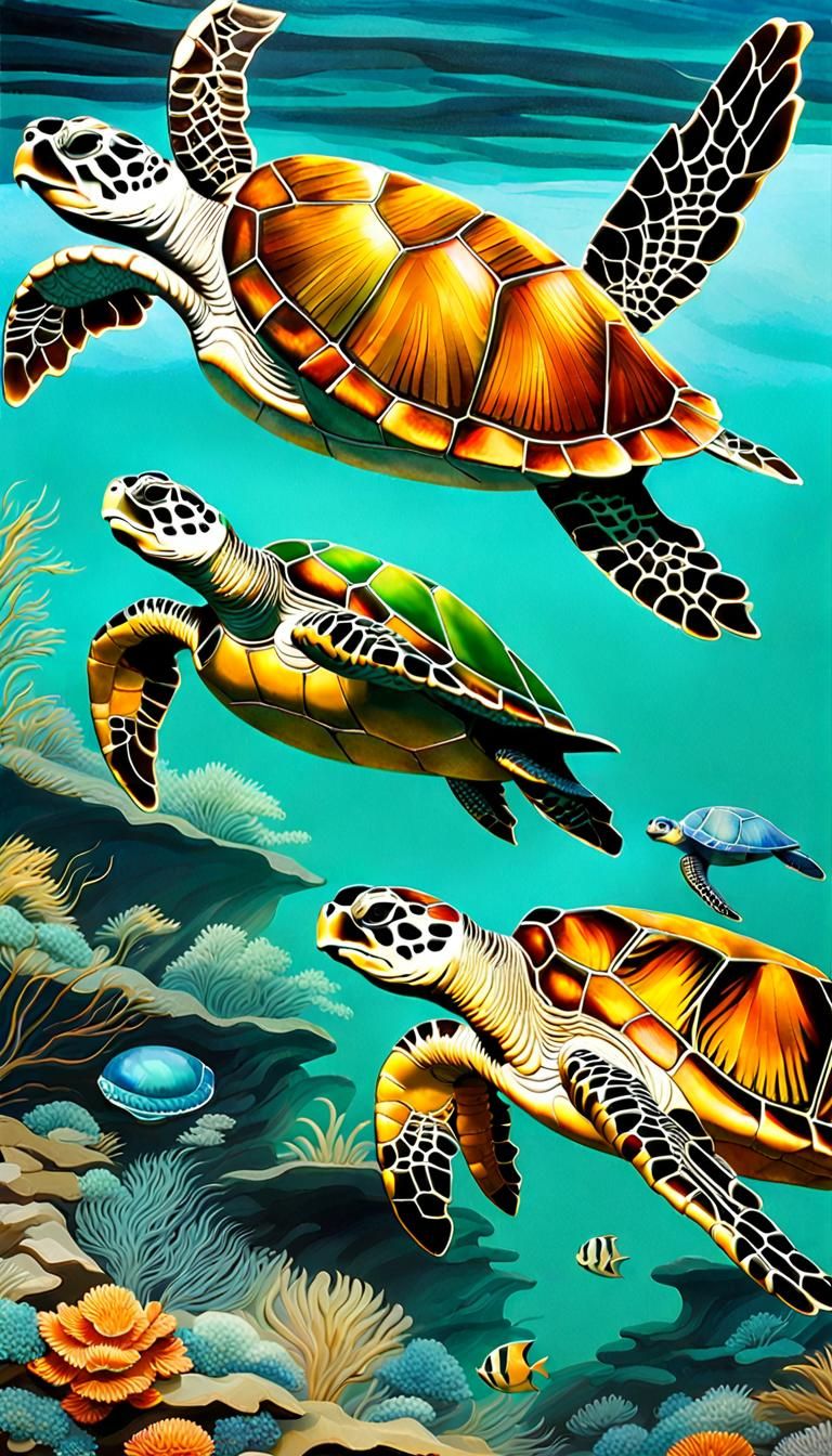 Sea Turtles in Ocean Paradise: Asian-Style Panel