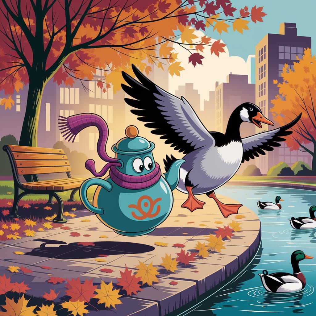 Vibrant City Park Scene: Teapot and Goose Chase Amidst Fall ...