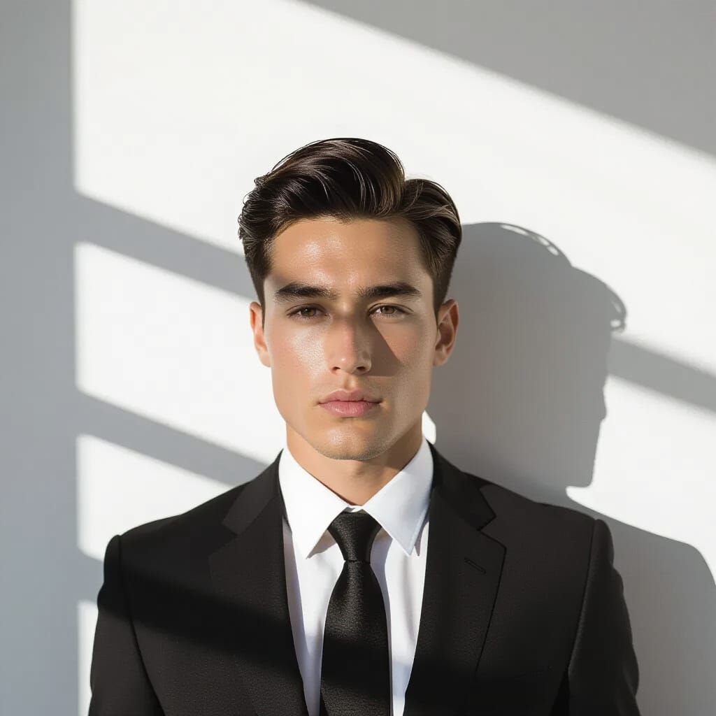 Intense B&W Portrait: Man in Suit with Dramatic Shadows