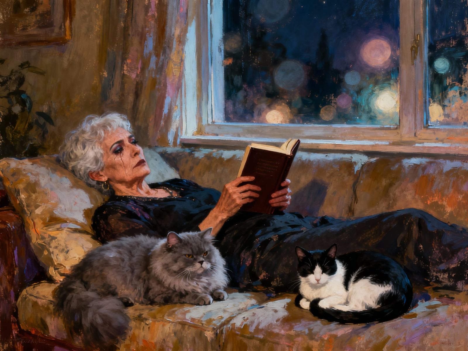Elderly Transwoman With Cats, Book, And Window