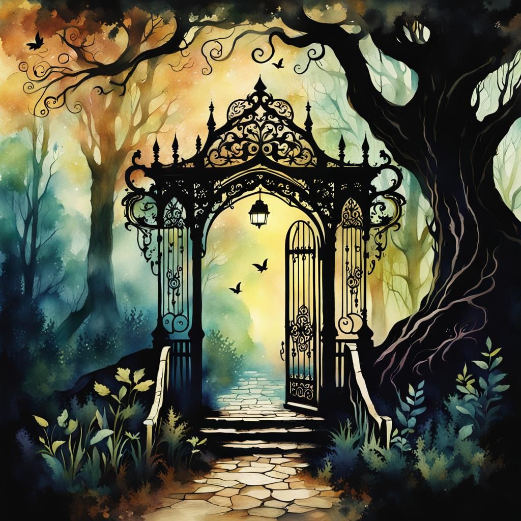 Fairytale Porch to Shadowy Woods in Watercolor