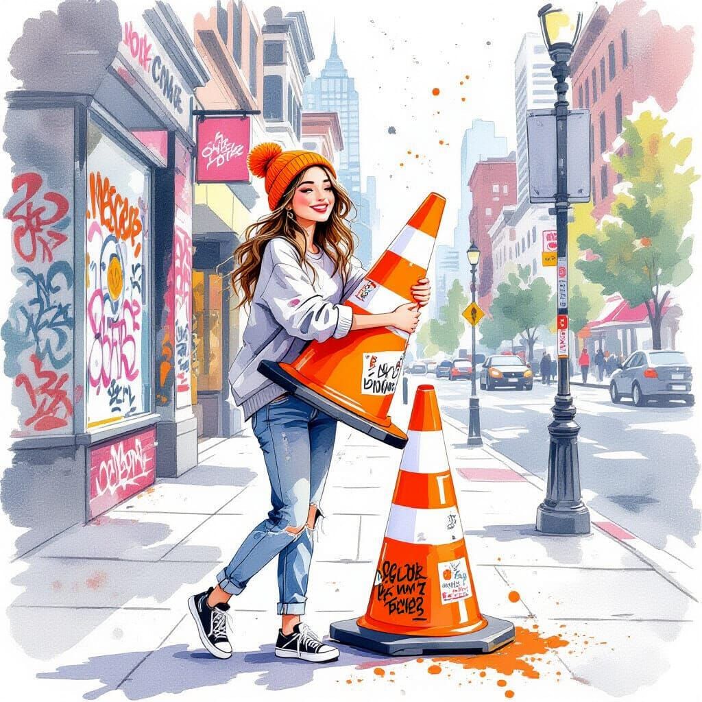 Woman Hugs Decorated Traffic Cone in Urban Festival Mood