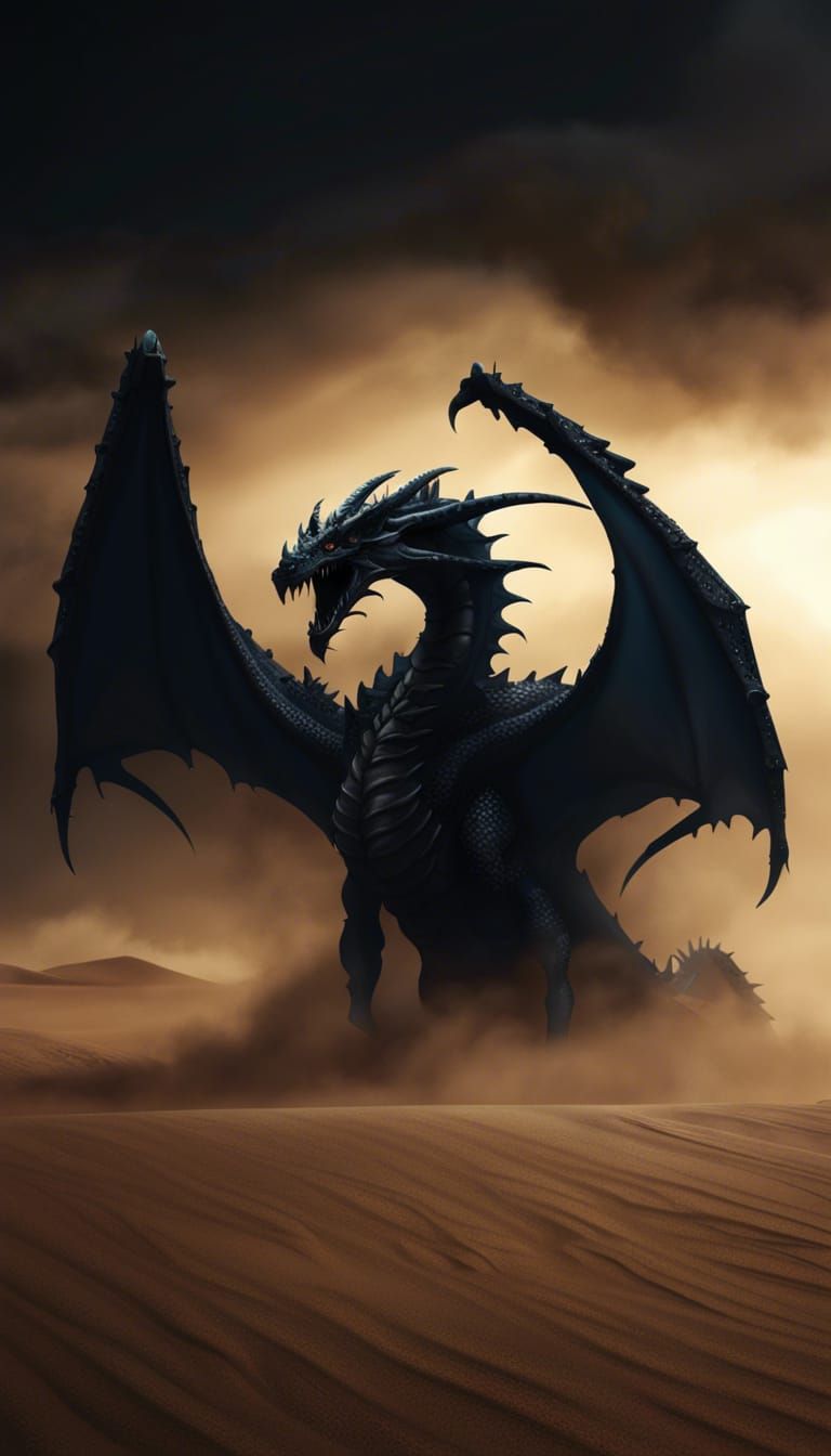 Macabre Void Dragon Lurking in Desert Sandstorm
