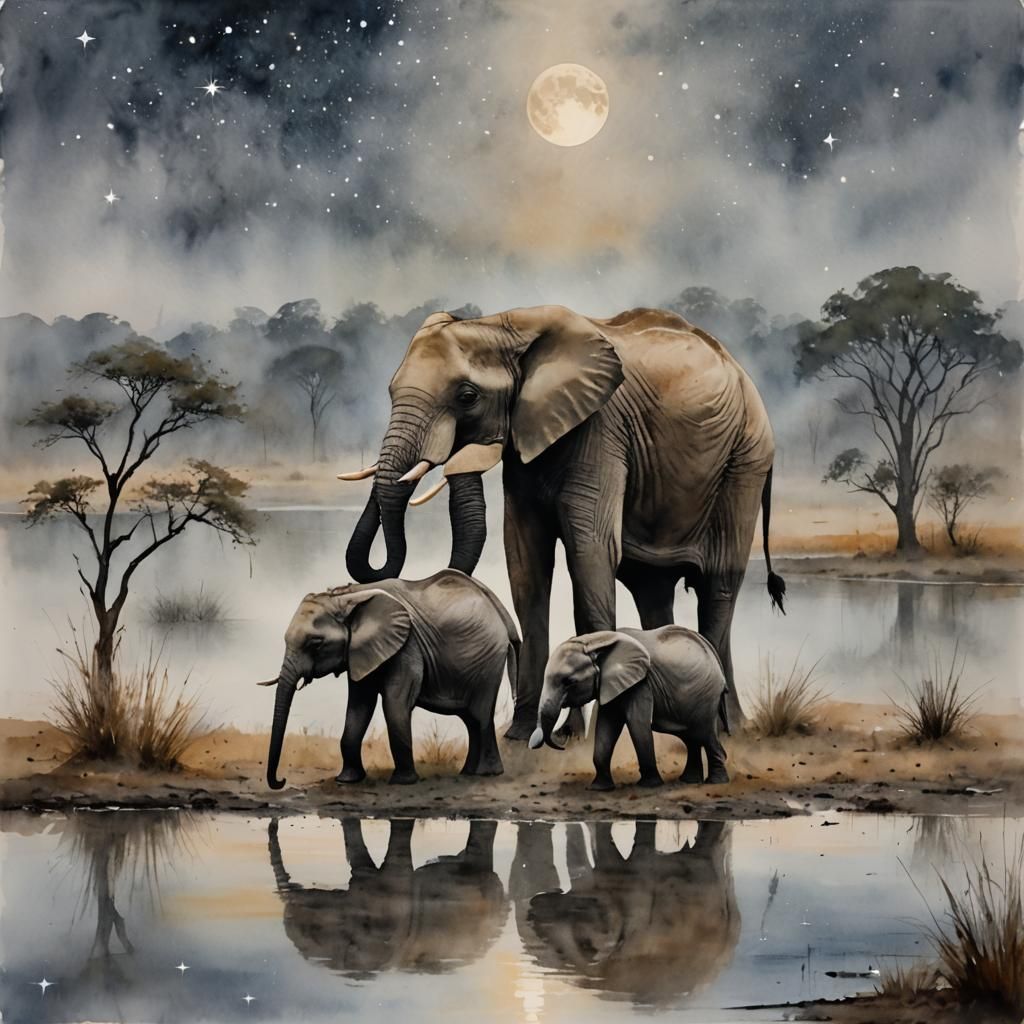 Elephant and Baby by Pond in Watercolor Style