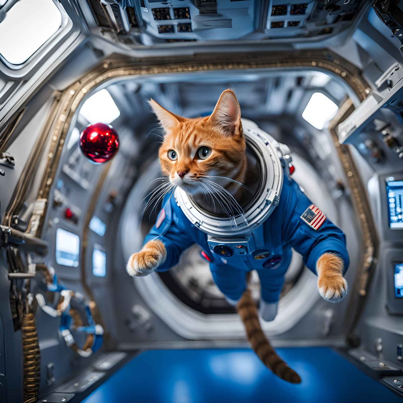 Cat in NASA Jumpsuit Floats in Spaceship