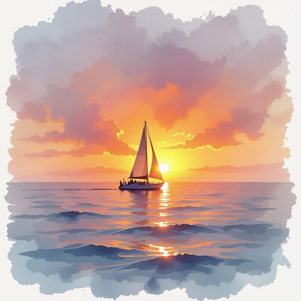 Ocean Sunset in Expressive Watercolor Style