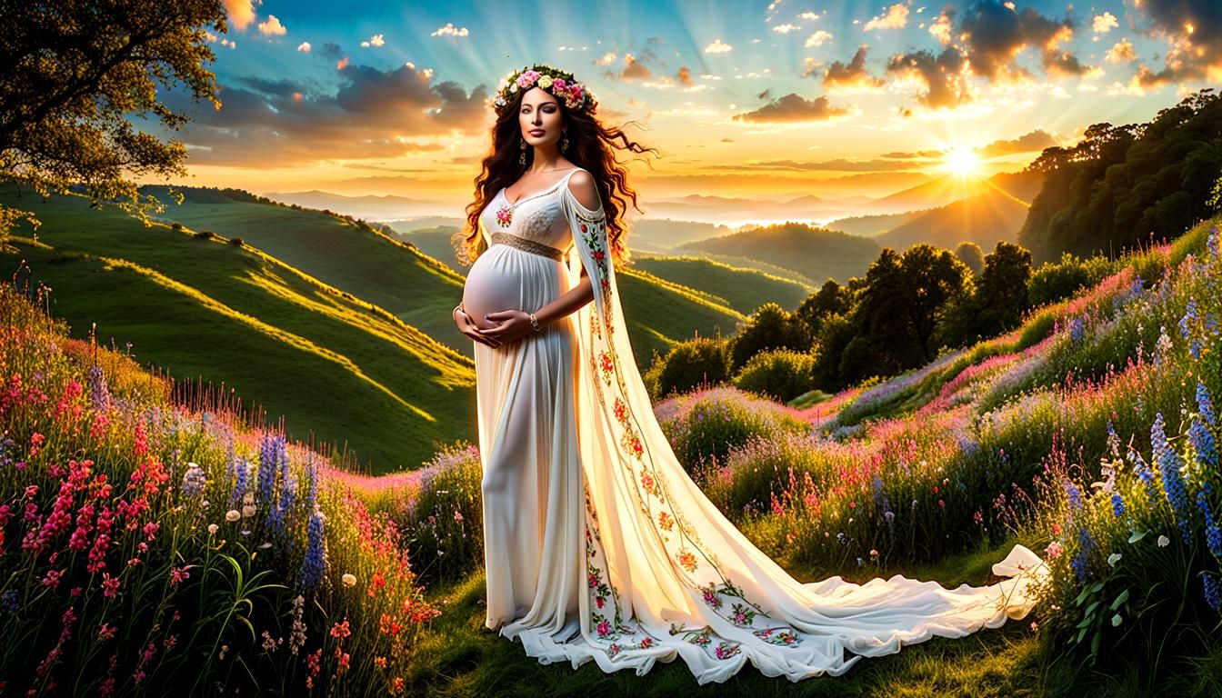 Radiant Earth Goddess in a Lush Landscape