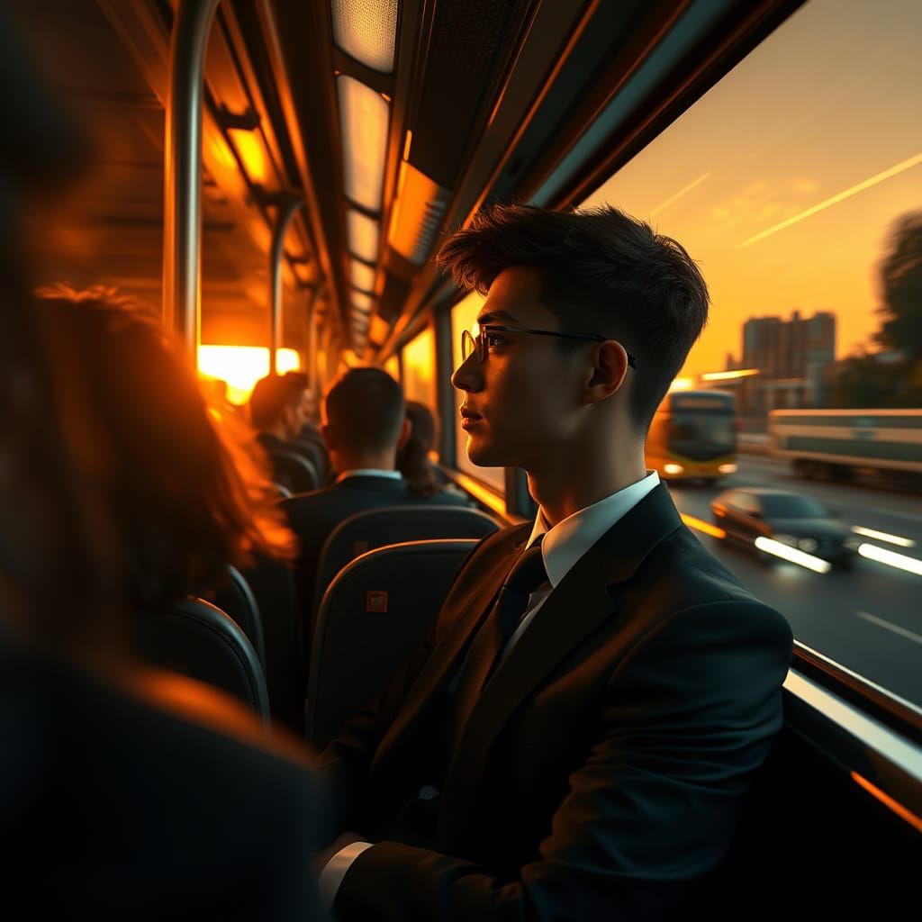 Hyperrealistic Sunset Commute on Crowded Bus