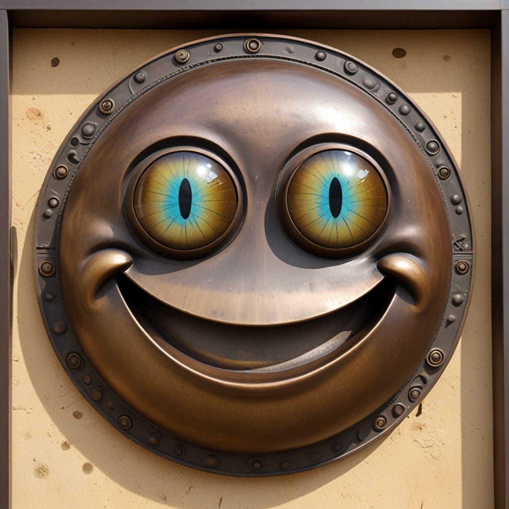 Giant Bronze Three-Eyed Smiley Face Sculpture