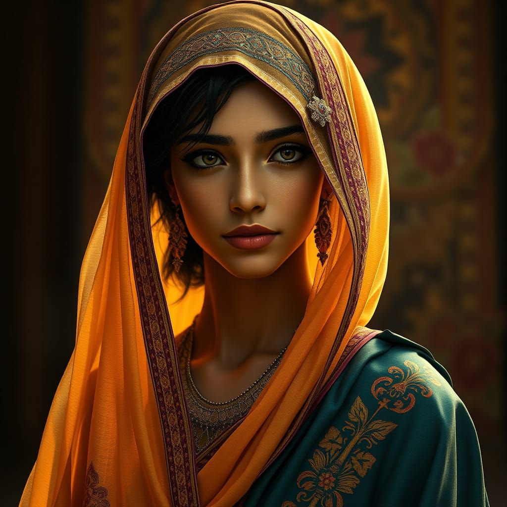 Elegant Afghan Princess in Warm Golden Brown Attire