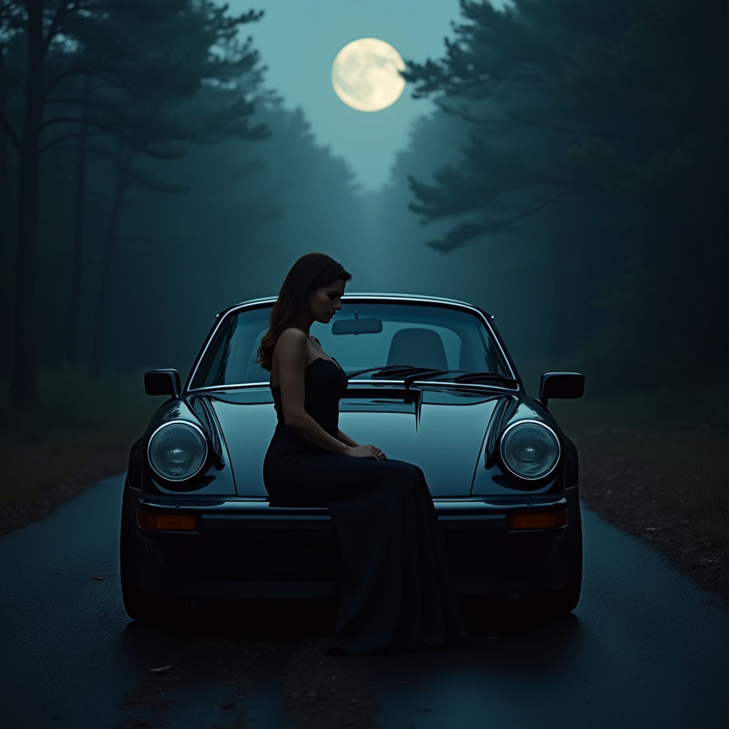 Elegant Woman in 911 on Moonlit Road