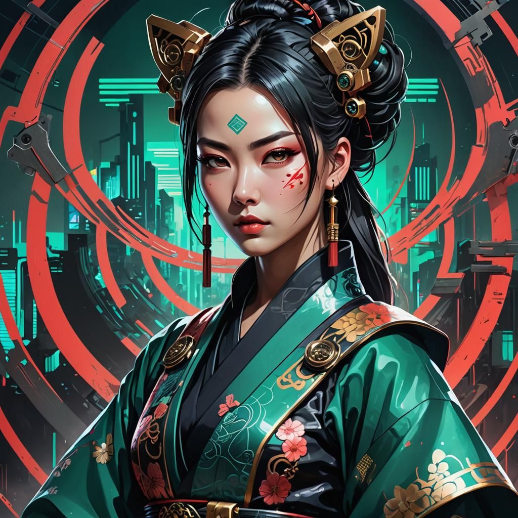 Cyberpunk Samurai Woman in Futuristic Kimono