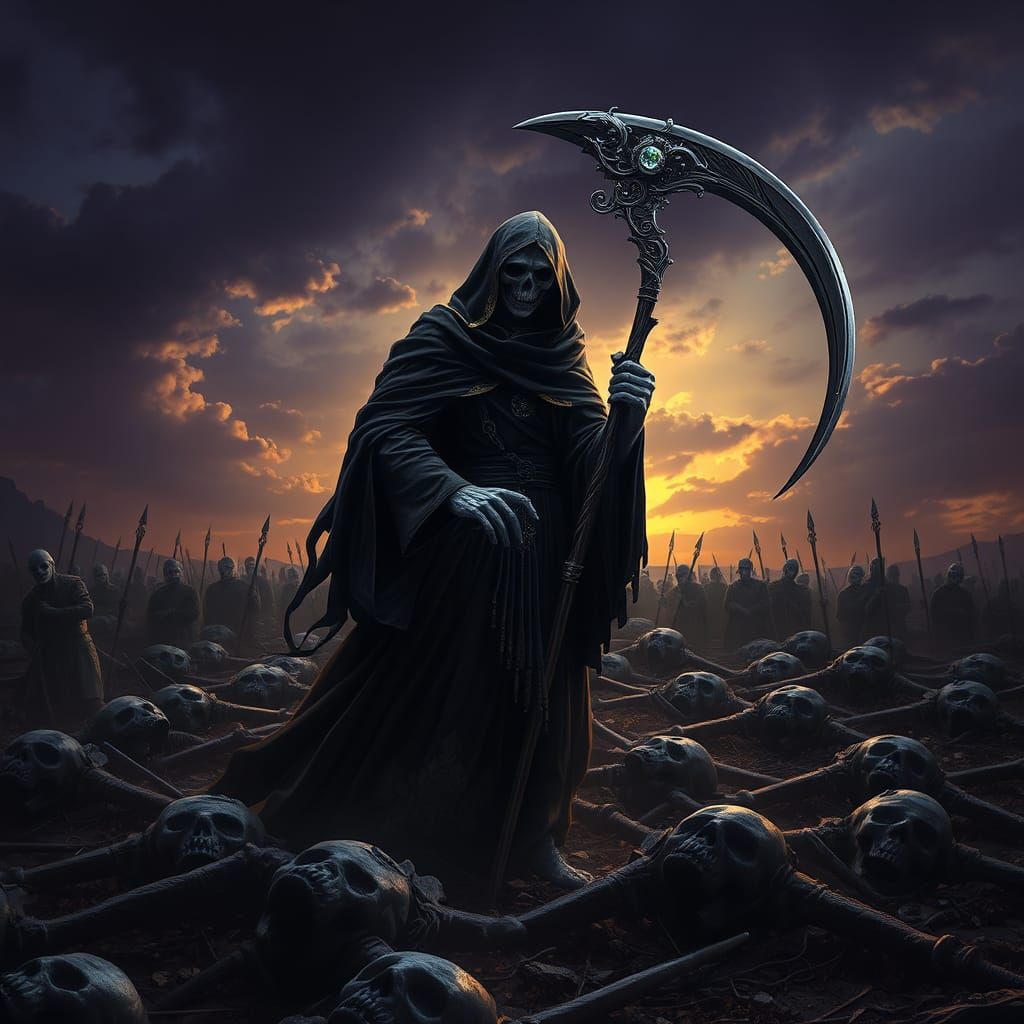 Grim Reaper on Battlefield in Dark Fantasy Style