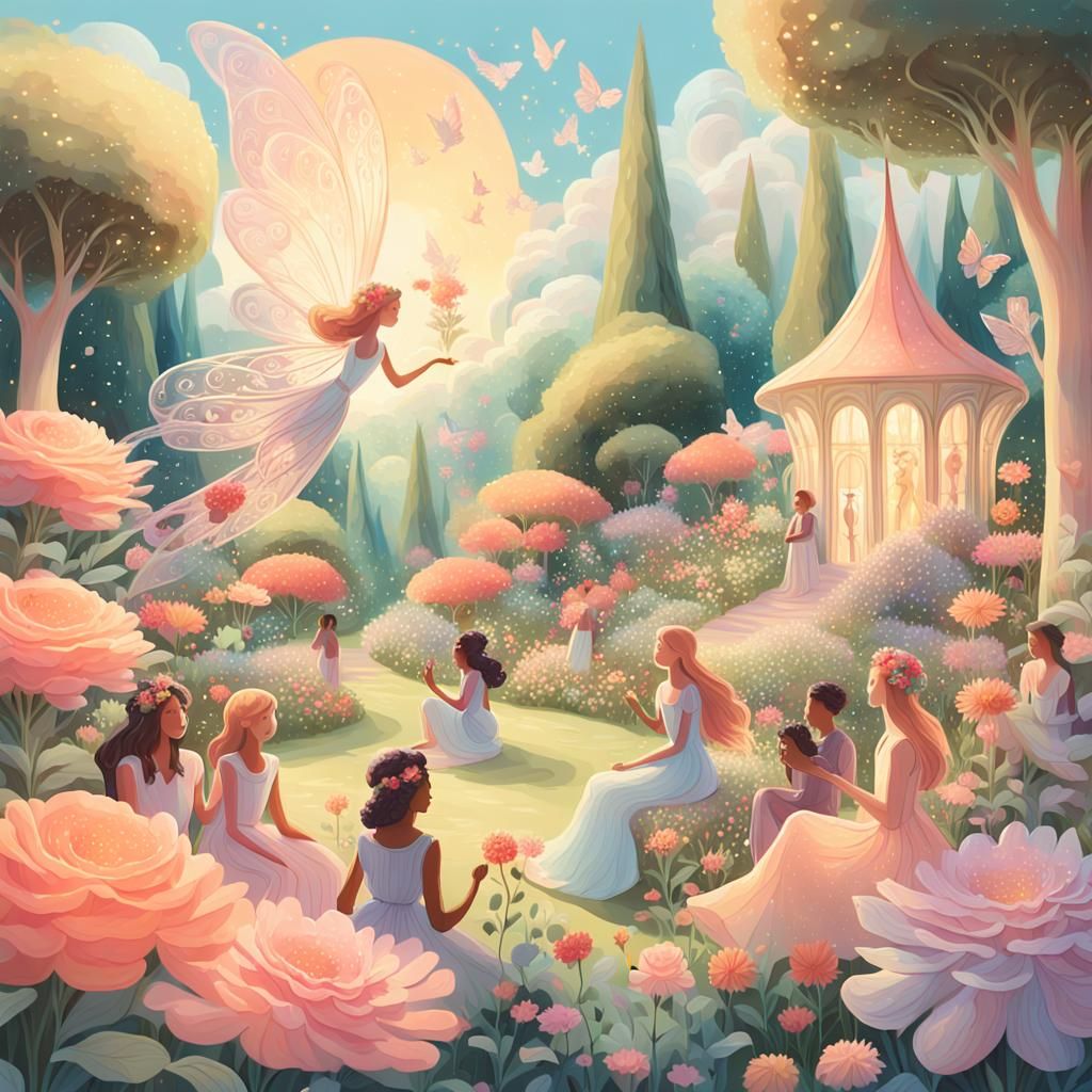 Enchanting Garden Scene with Fairies and Humans