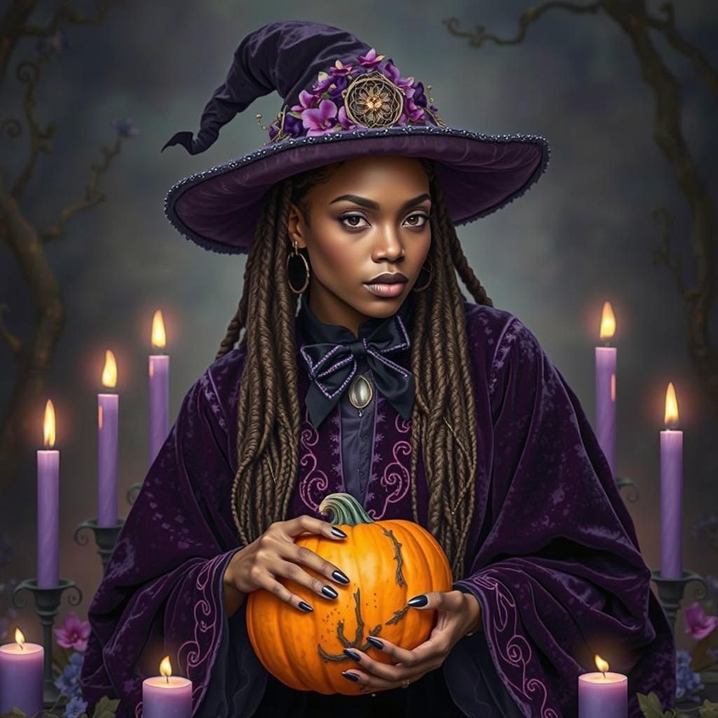 African American Witch in Purple Velvet Robe