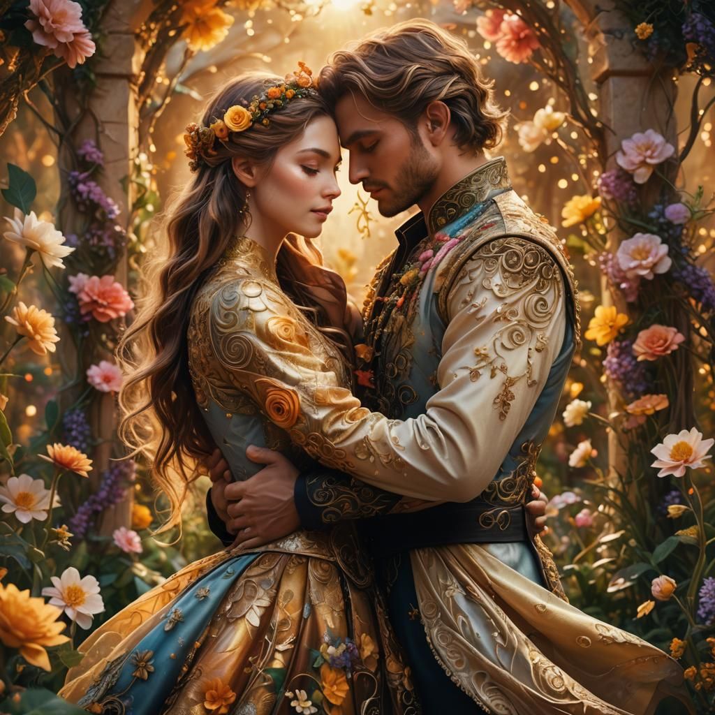 Lovers Embracing in a Fantastical Garden