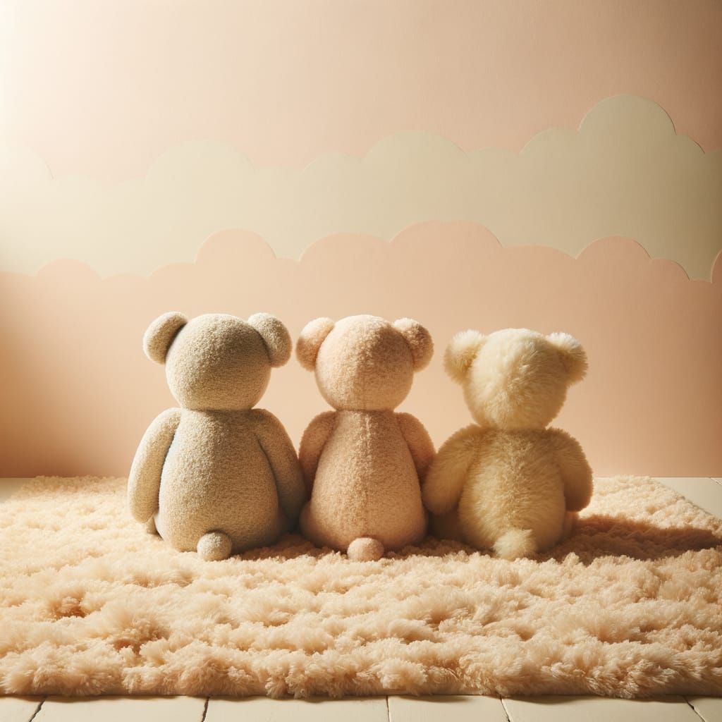 Four Teddy Bears on Fluffy Rug in Soft Pastel Studio