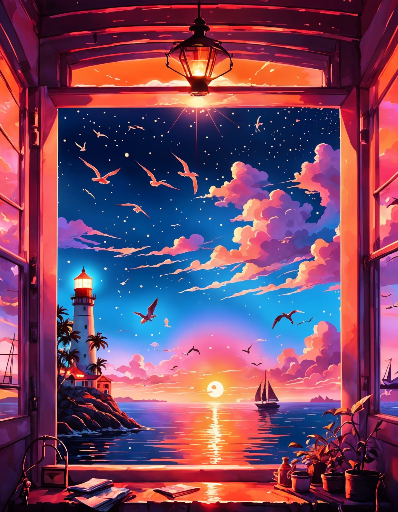 Magical Neon Sunset Over Ocean with Lighthouse