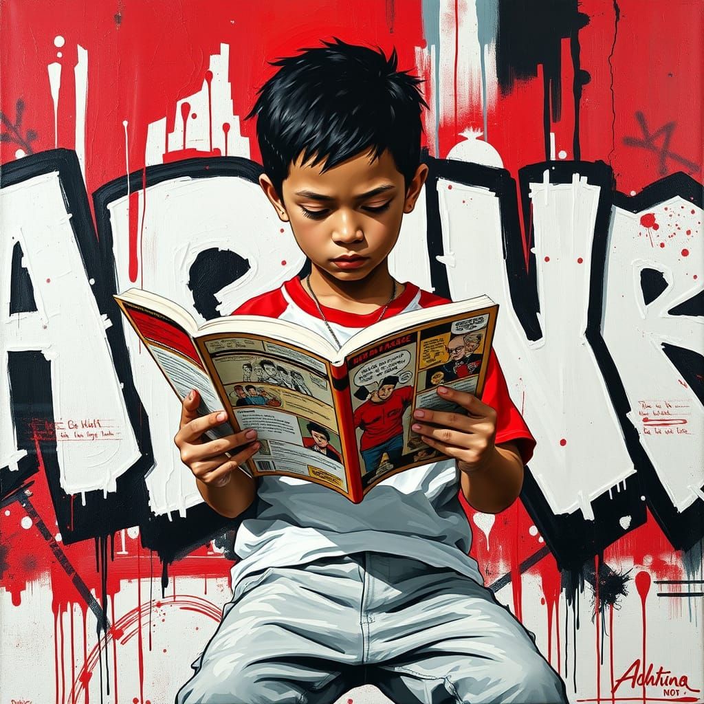 Boy Reading Comic Book in Basquiat-esque Graffiti Style