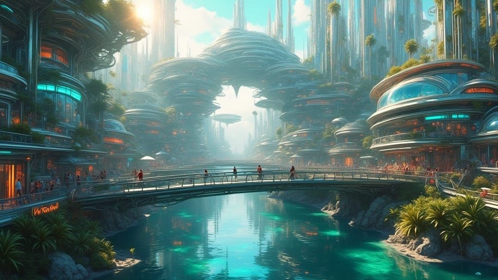 Cyberpunk Cityscape with Landmark Bridge Over River