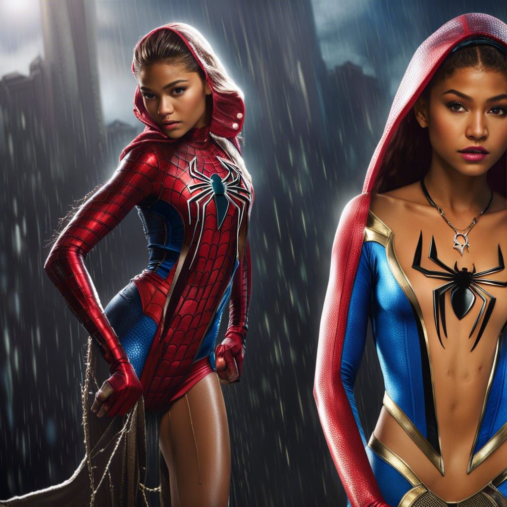 Hyperrealistic Spider-Woman in the Rain