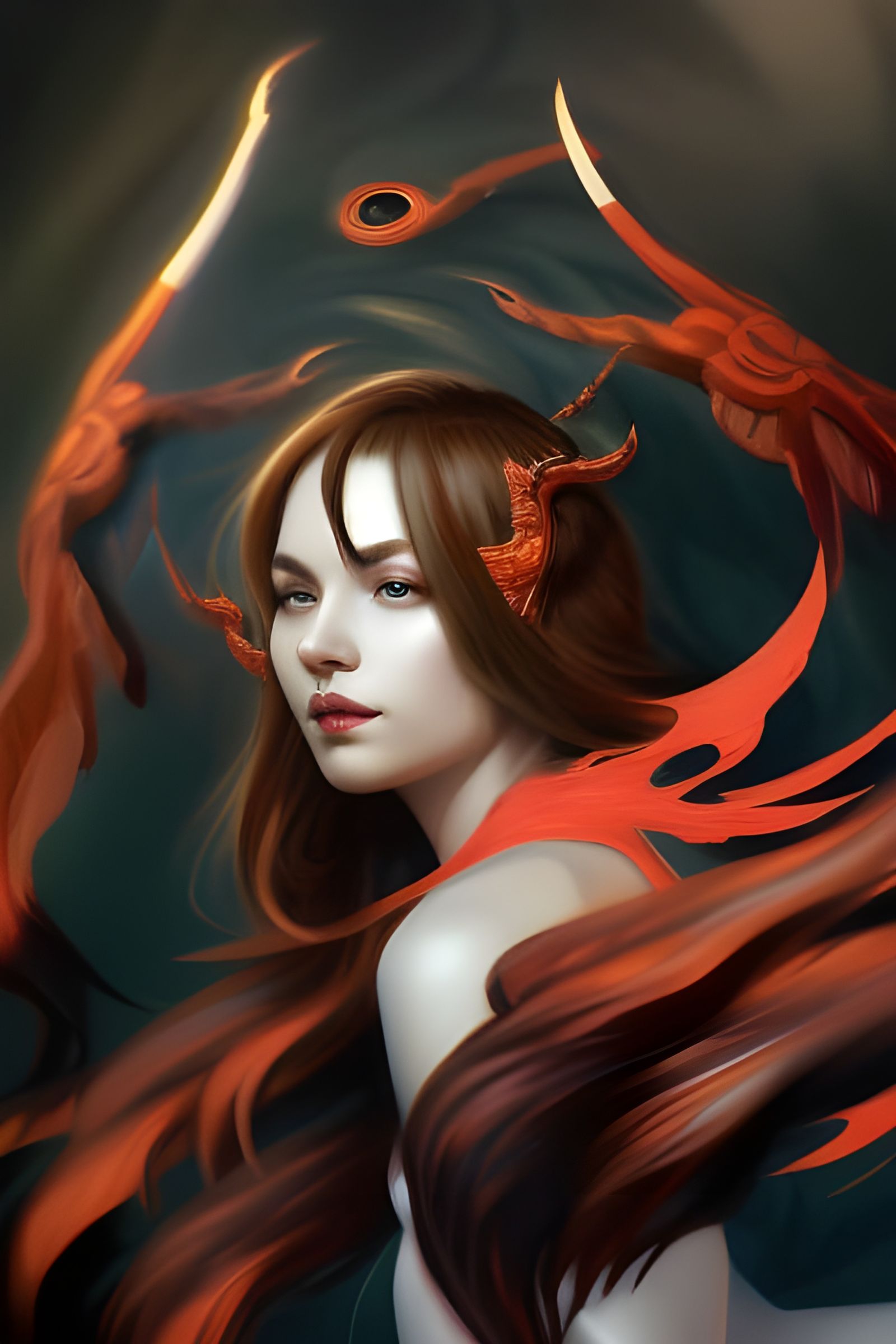 Flying Demon Girl Portrait in Hyperdetailed Style