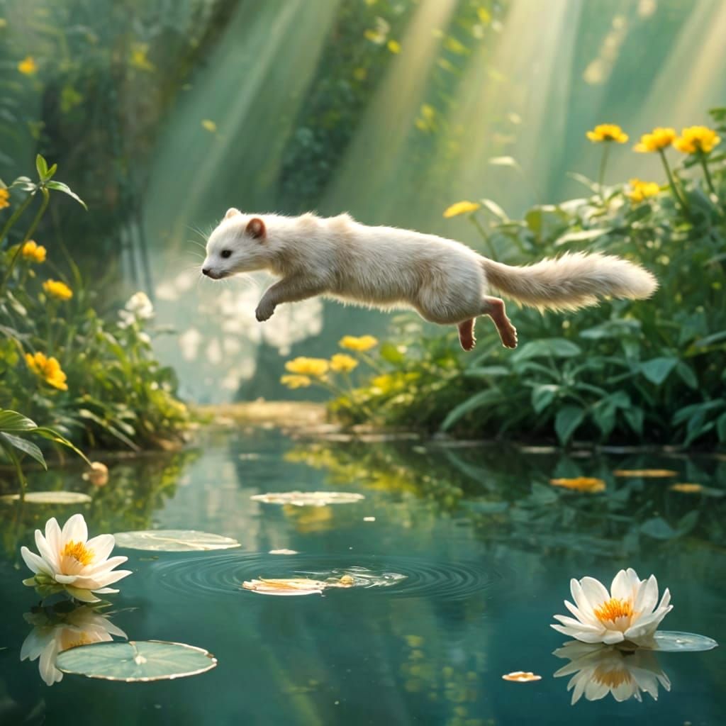 Ermine jumping over water