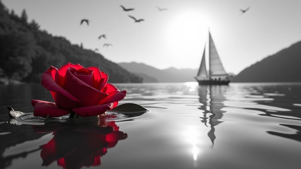 Monochrome River Scene with a Red Rose