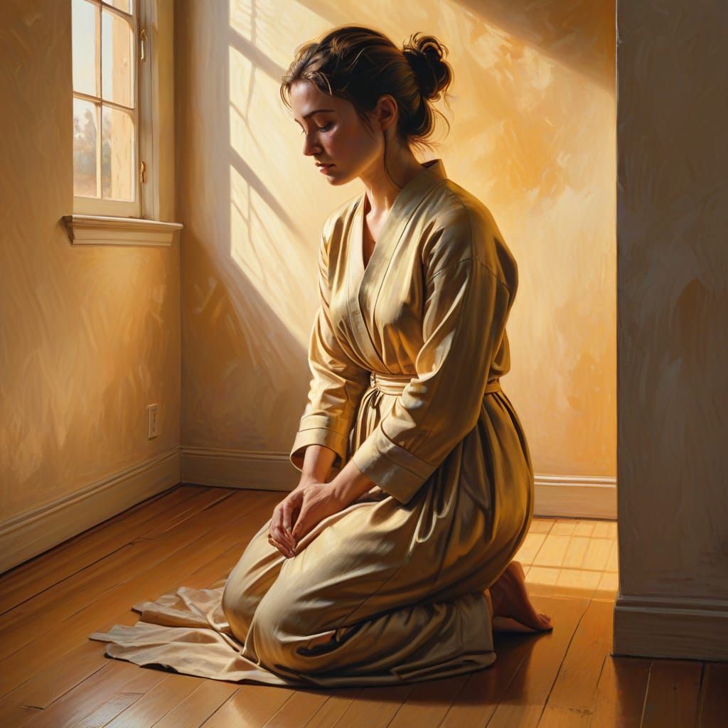 Serene Figure Kneeling in Room: Surreal Oil Painting