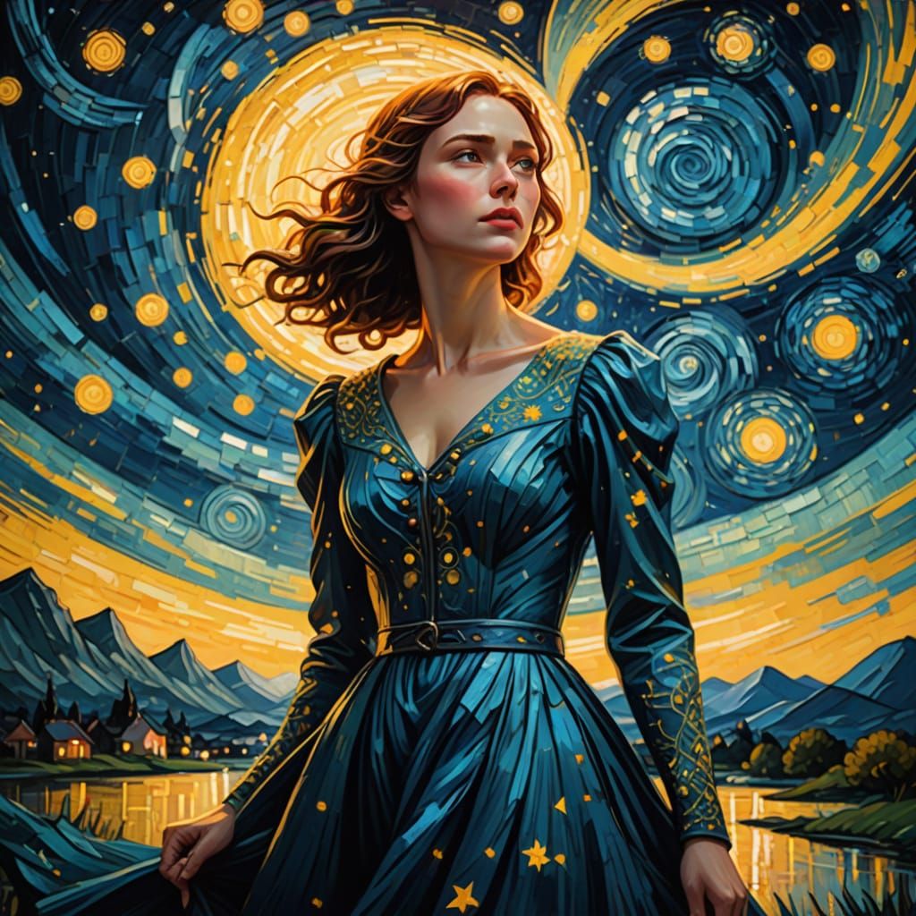 Woman in Glass Dress Under Starry Sky
