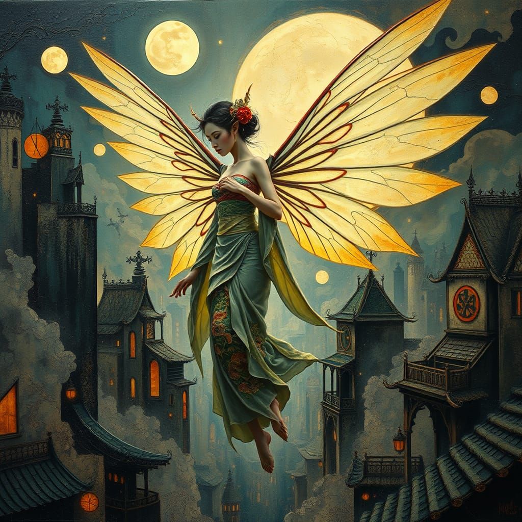 Fairy Elf Geisha in Surreal Dystopian Cityscape
