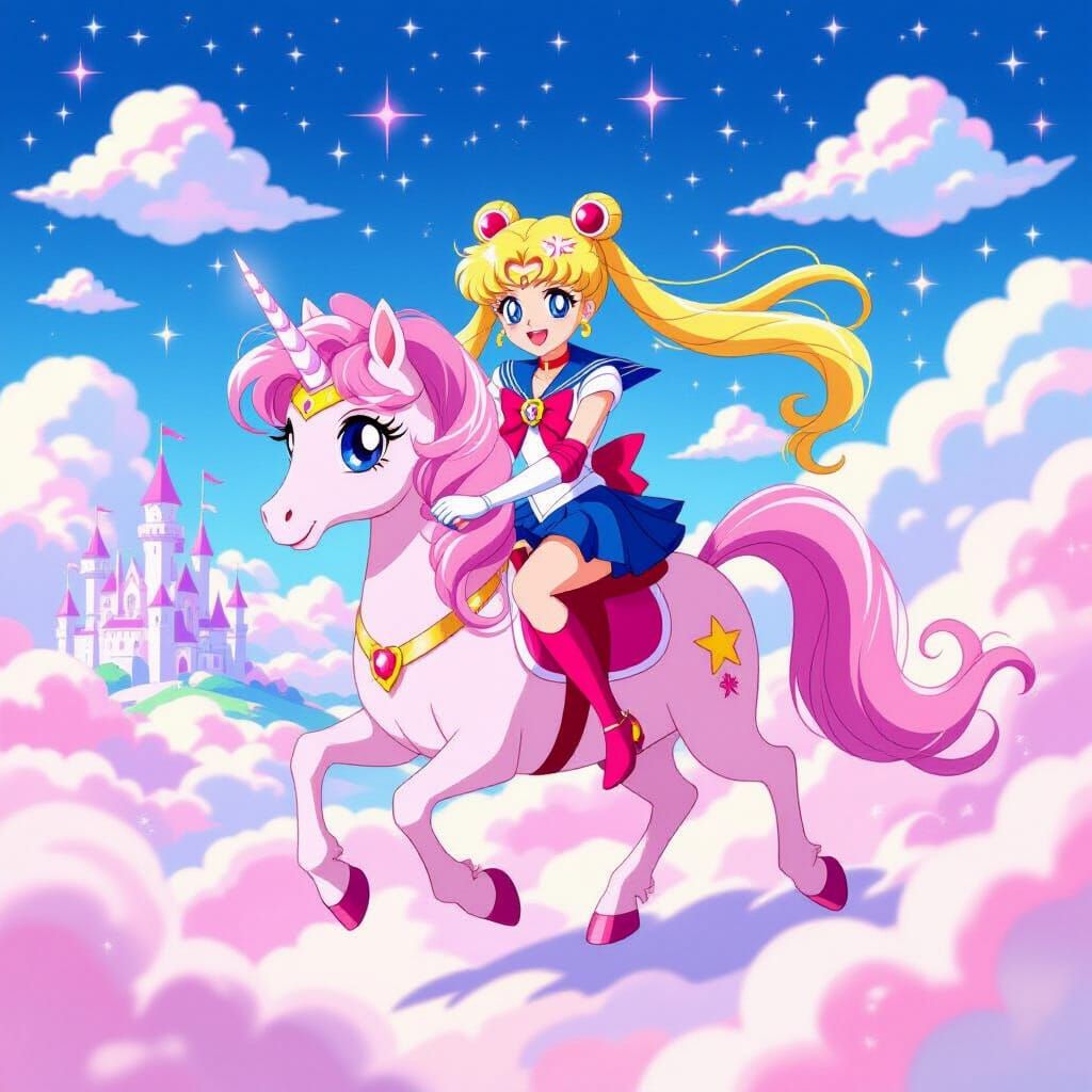 Sailor Moon Rides a Kawaii Pony in Starry Sky