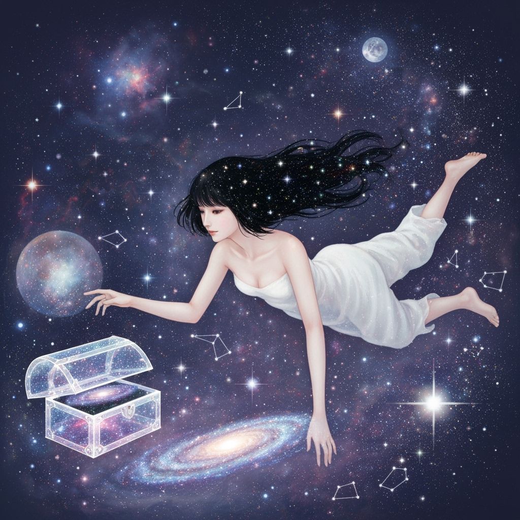 Celestial Woman Reaching for Galaxy Treasure