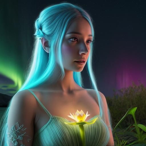 Divine Feminine Goddess in Bioluminescent Forest