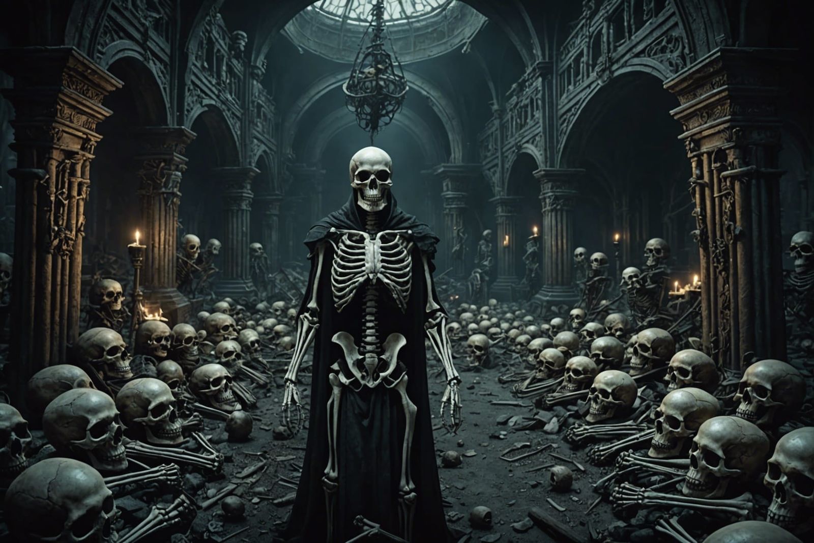 Dark Fantasy Scene: Skeletons, Skulls, and Bones