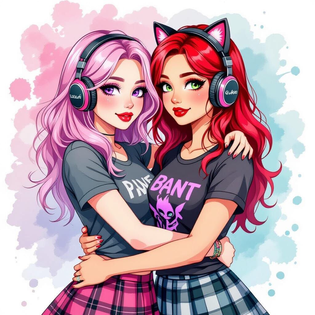 Two Colorful Women Hugging in Watercolor Style