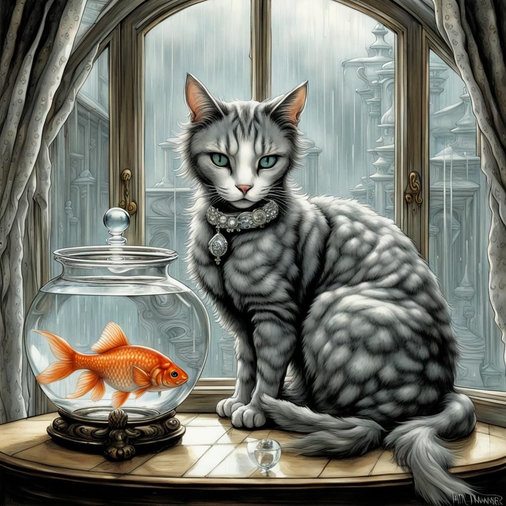 Elegant Cat Intrigued by Goldfish Chess Game