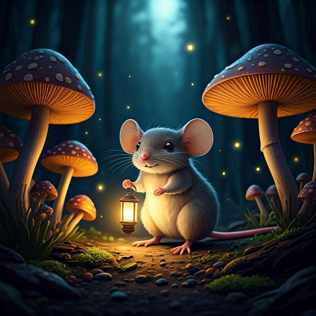 Whimsical Mouse in Moonlit Forest Scene