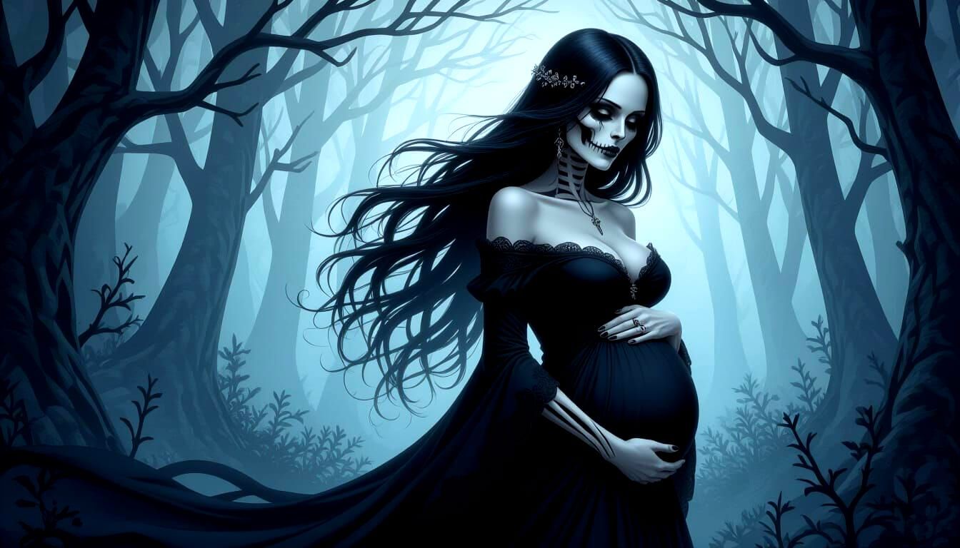 Gothic Skeletal Woman in Twisted Forest with Pregnant Belly