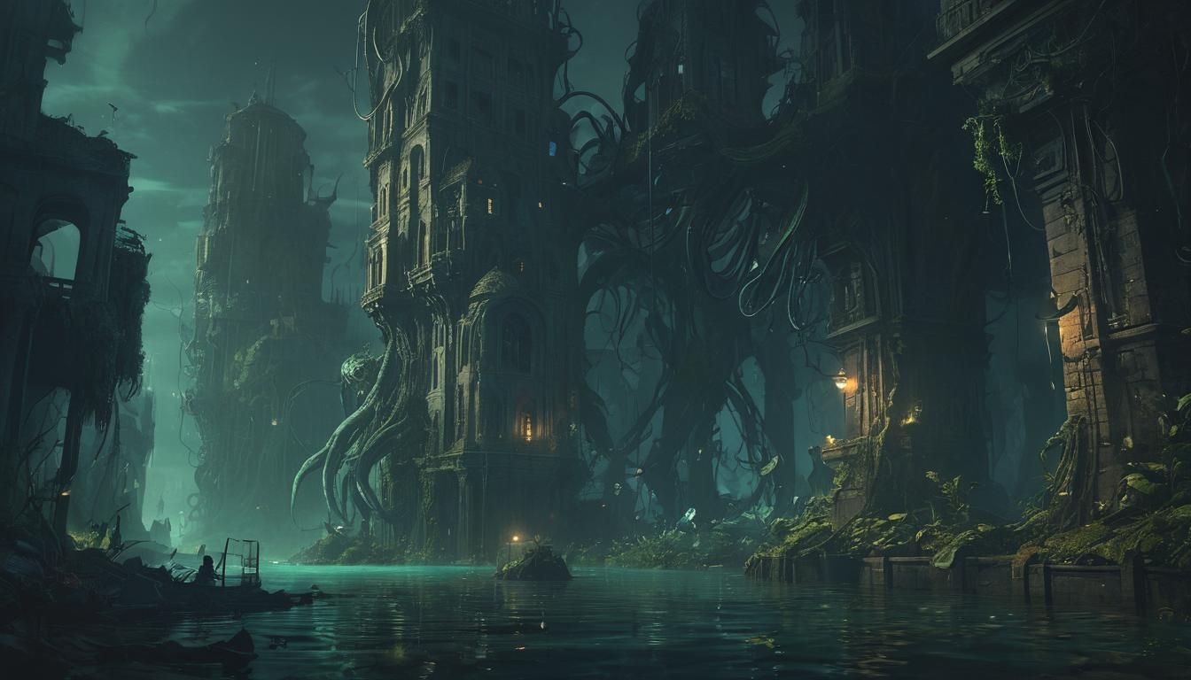 Lovecraftian Underwater Cityscape in Dark Fantasy