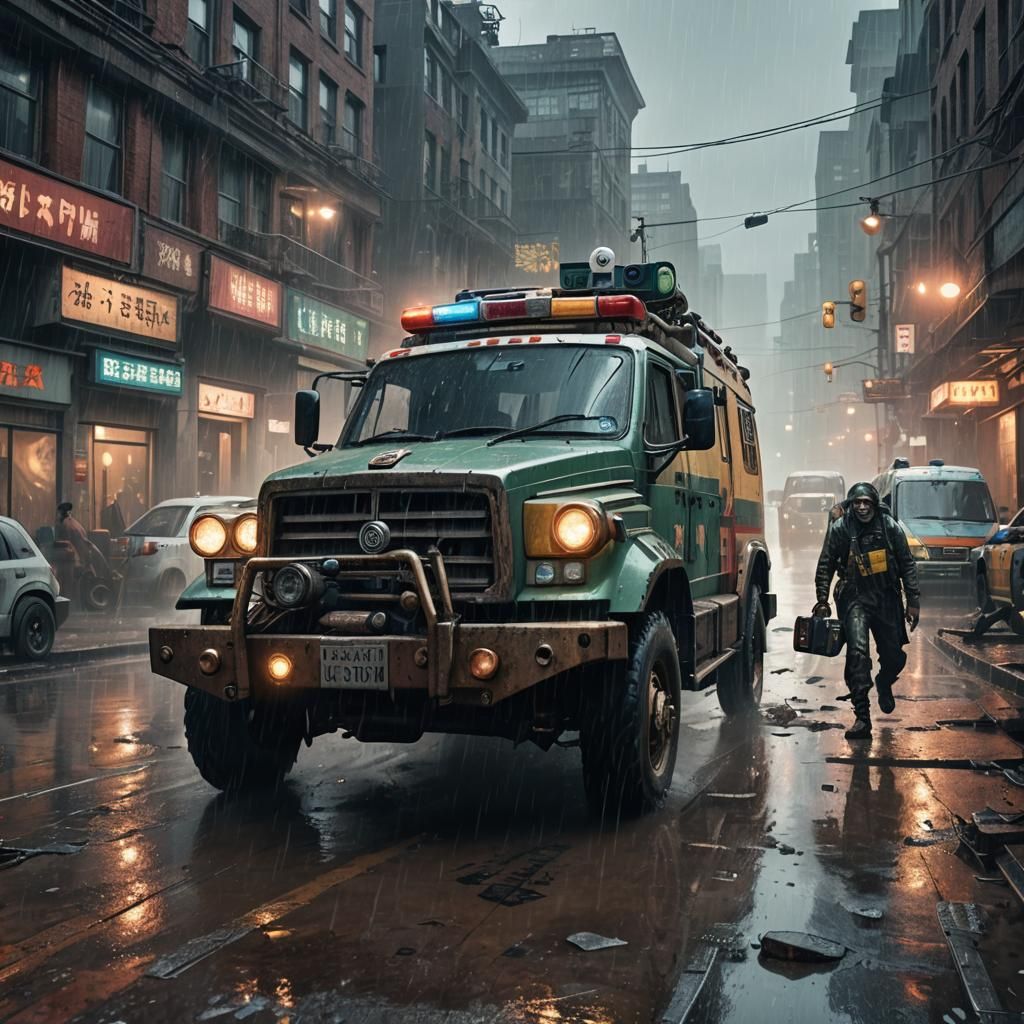 Zombie Drives Ambulance in Steampunk City