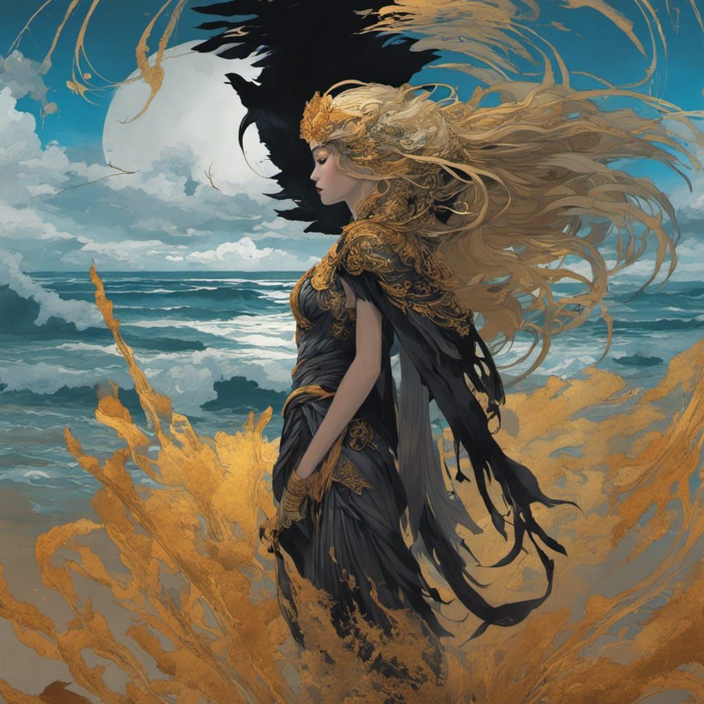 Raven Goddess by the Sea, Art Nouveau Style